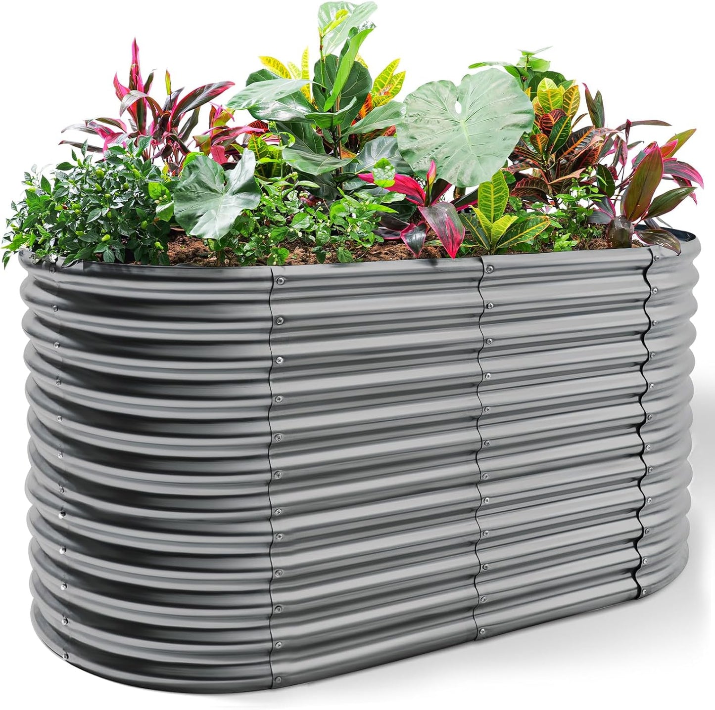Land Guard 8x4x3ft Oval Galvanized Raised Garden Beds, Large-Capacity Metal Planter Box Outdoor, Durable Deep Raised Garden Bed 3ft Tall, Raised Beds for Gardening Vegetables, Classic Silver