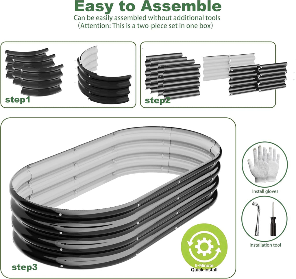 4x2x1ft-2pcs-Oval Raised Garden Bed Kit, Galvanized Planter Garden Boxes Outdoor, Metal Raised Garden Beds for Vegetables,Fruits, Flower,Black