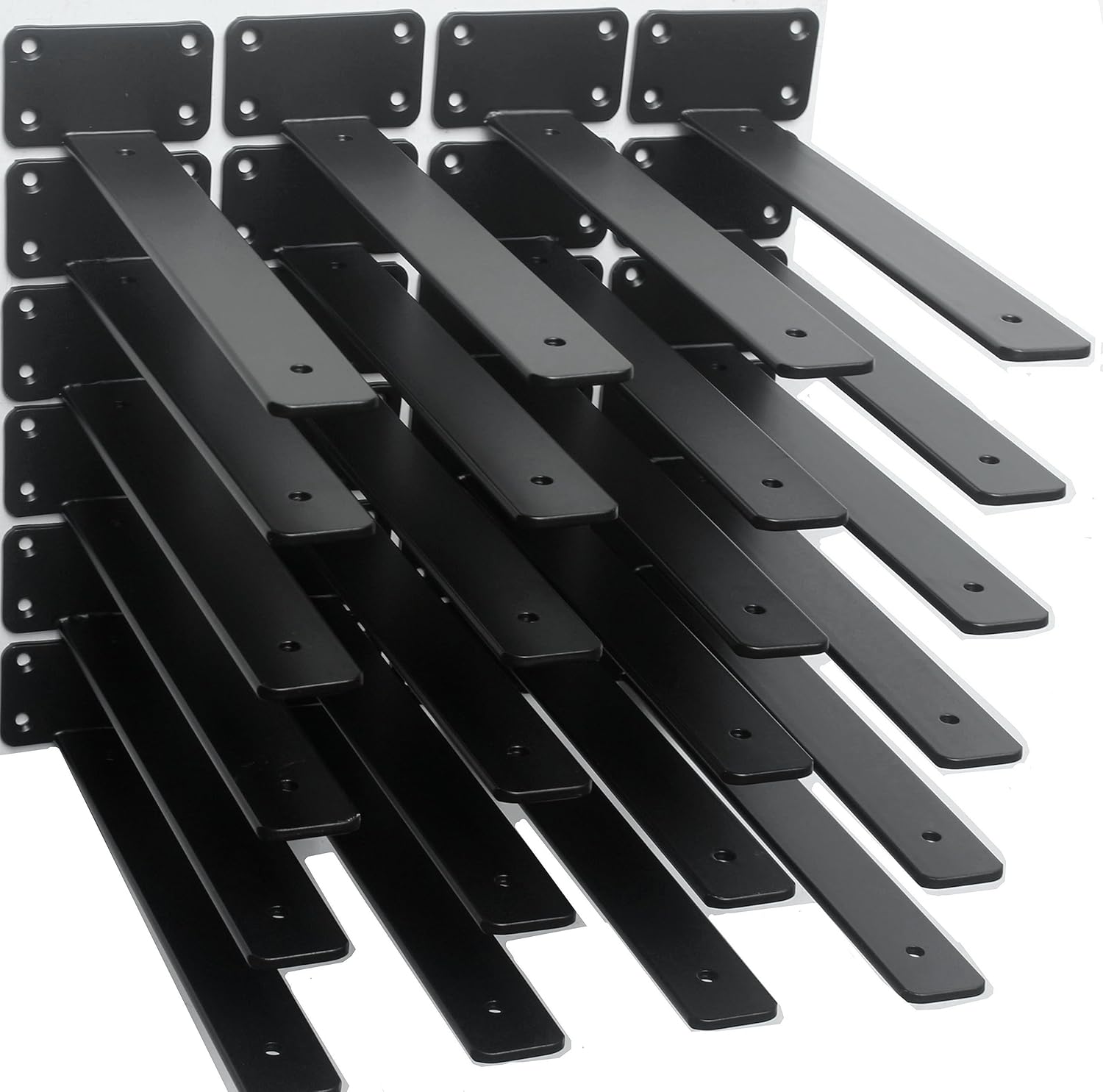 12 Pack - 12 inch Black Hidden L Shelf Bracket (1/5 Inch Thicked) Iron Floating Shelf Brackets Rustic Industrial Metal Brackets for Shelf Support