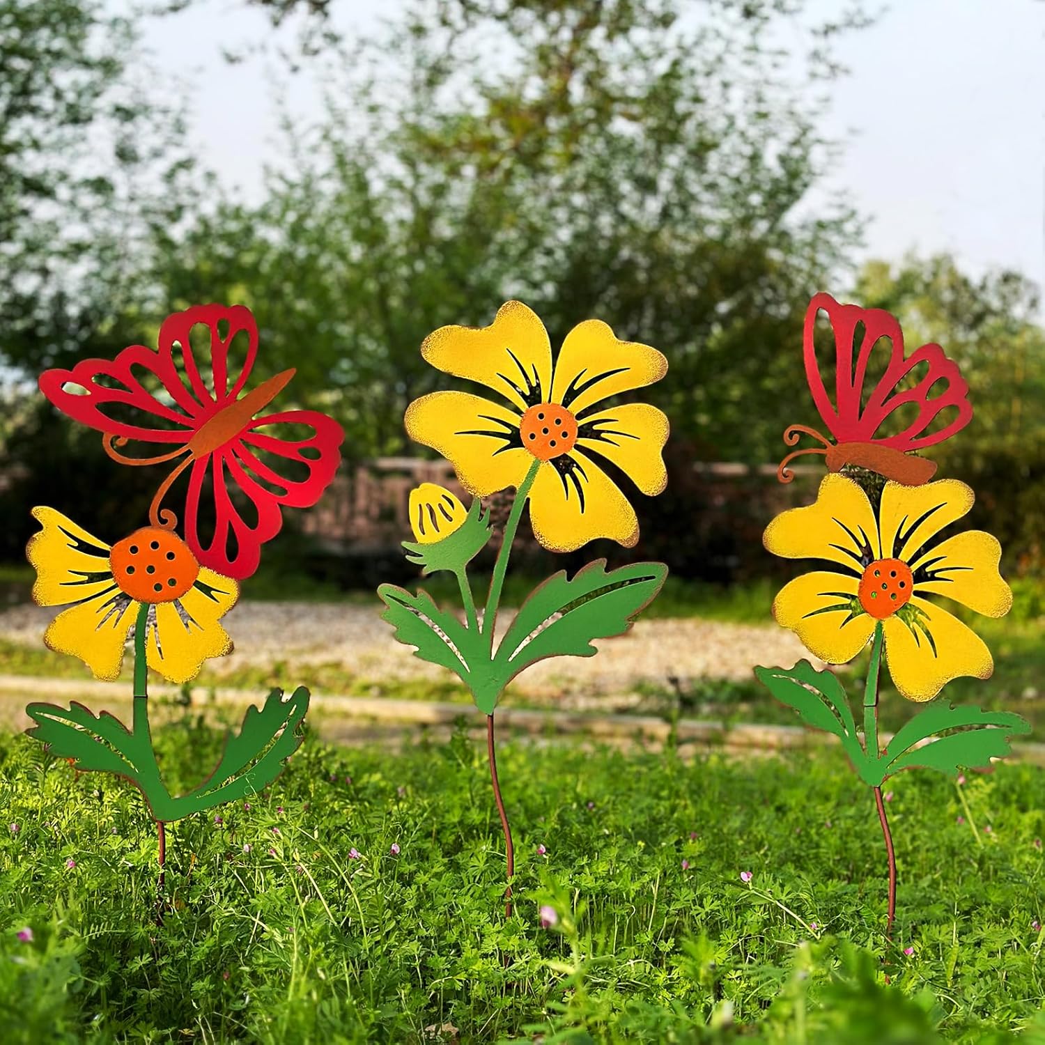 3 Pack Butterfly&Flower Metal Flowers for Outside & Decorative Garden Stakes - Metal Yard Art Outdoor and Garden with Rustproof Design | Spring Lawn Ornaments for Porch,Backyard，Patio | Outdoor Gifts