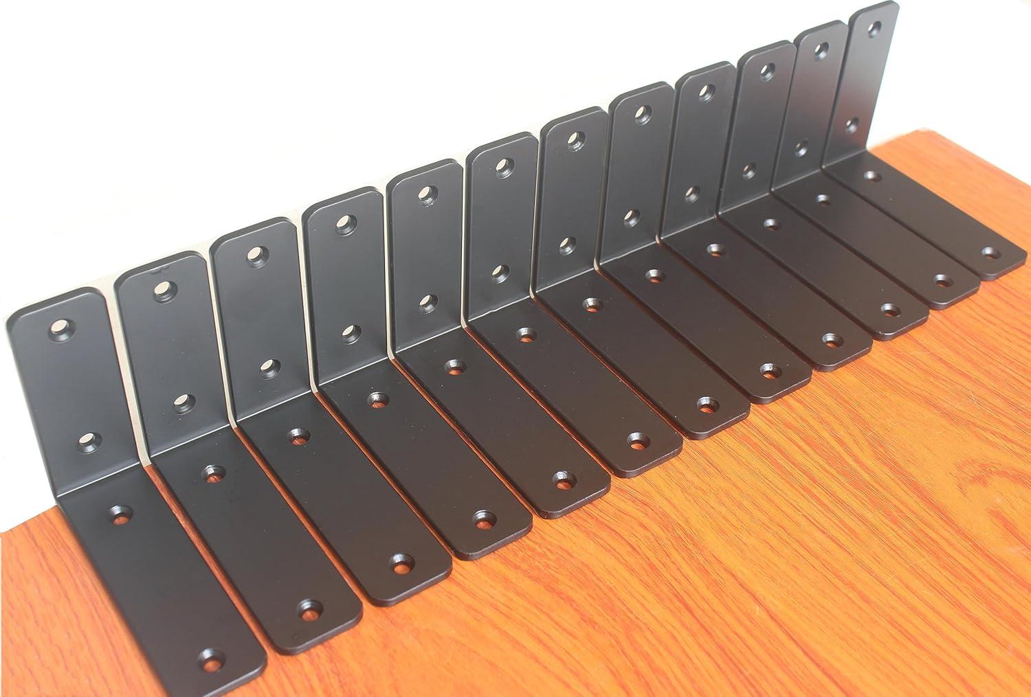 12 Pack - L 8" x H 6" x W1.5, 5mm Thick Black L Shelf Bracket, Iron Shelf Brackets, Metal Shelf Brackets, Floating Shelf, Shelf Supports with Screws